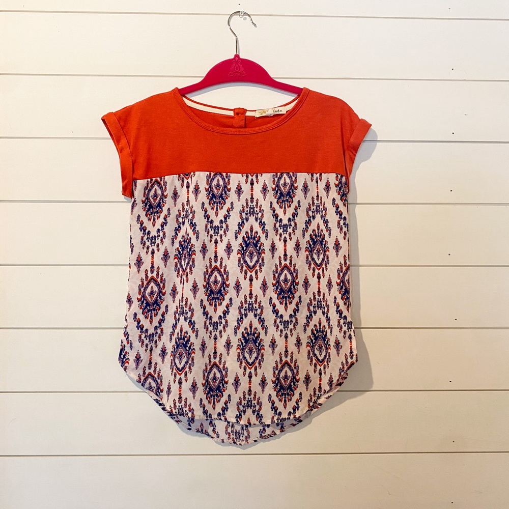Rewind Mixed Media Blouse in Orange Coral and Blue Ikat